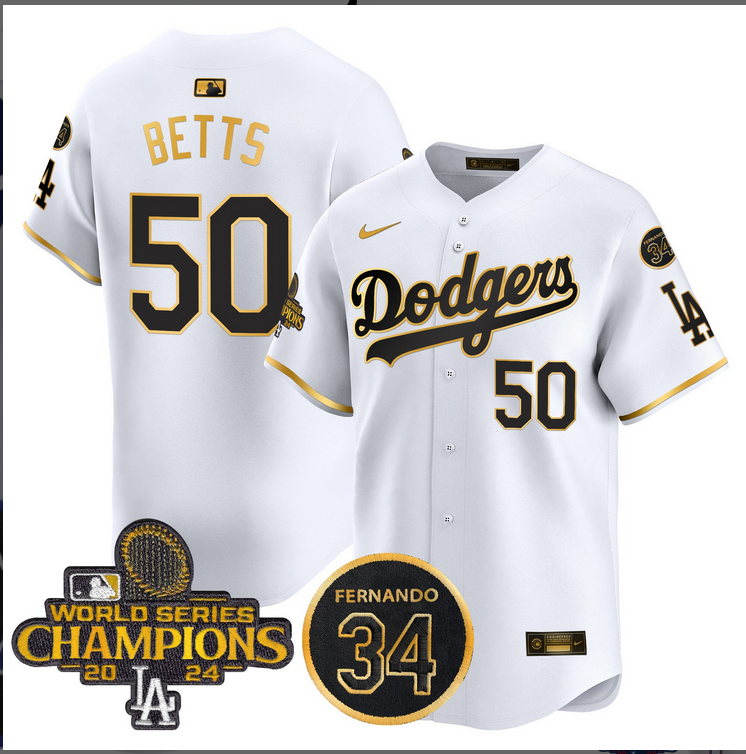 Men MLB Los Angeles Dodgers  #50 Betts white 2024 World Series Champions Patch Limited Jersey style 3